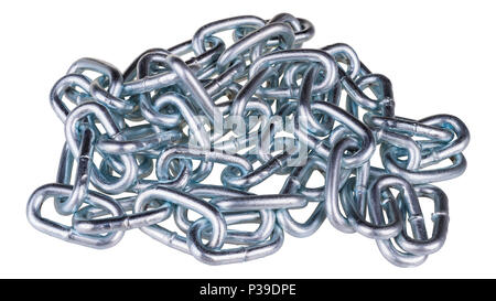 Gewirr aus glänzendem Metall Ketten close-up. Stapel der glänzenden silbernen links in einem soliden Stahl Kette verbunden. Idee der Stärke, Festigkeit, Proofness, Sicherheit. Stockfoto