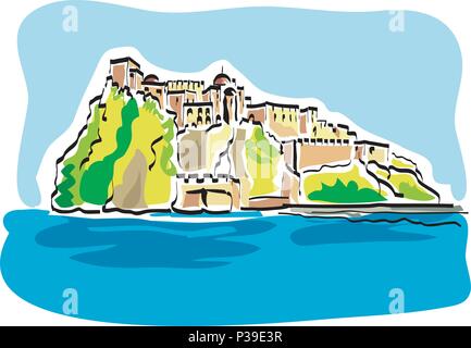 Vector Illustration der Aragonese Castle(Castello Aragonese), eine mittelalterliche Burg neben der Insel Ischia im Golf von Neapel, Italien Stock Vektor