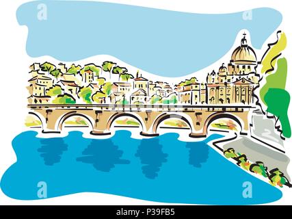 Ein Vektor Illustration eines Panorama von Rom mit dem Tiber im Vordergrund und den Petersdom im Hintergrund. Stock Vektor