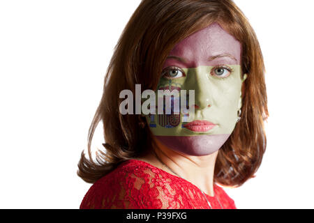 Frau Gesicht mit gemalten Spanien Flagge Stockfoto