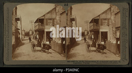 . In der Altstadt von St. George Street, N., Spanisch City Gate. St. Augustine, Florida. Alternative Titel: Mann auf Ochsenkarren in der Nähe von City Gate, St. George Street, St. Augustine, Florida. Erstellt: Ca. 1910. Abdeckung: 1868?-1905?. Quelle Impressum: 1868?-1905?. Digitale Element veröffentlicht 7-18 2005; 2-12-2009 aktualisiert. 150 In der Altstadt von St. George Street, N., Spanisch City Gate. St. Augustine, Florida, von Robert N. Dennis Sammlung von stereoskopische Ansichten 2. Stockfoto