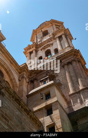Turm der Kathedrale von Malaga, Malaga, Costa del Sol, Spanien mit blauem Himmel und Kopieren. Stockfoto