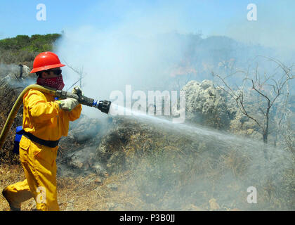 Kreta, Griechenland (23. Juli 2008) Georgios Sgouromalis, einer Marine, zivile Feuerwehrmann, kämpft ein Bürste Feuer in der Nähe des Internationalen Flughafen Chania. Naval Support Activity (NSA) Bucht von Souda reagierte auf eine Anfrage auf Unterstützung von lokalen Behörden und versendet 21 Feuerwehrmänner und 5 Einsatzfahrzeuge an der Szene, zusammen mit zwei Seabees und andere Mitarbeiter für Unterstützung und Zusammenarbeit. Stockfoto