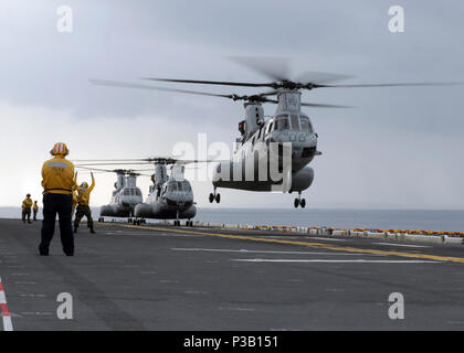 Ozean (Okt. 2010) 2, 2008) Segler in die Vorwärts zugeordnet - Amphibisches Schiff USS Essex (LL 2) Direkte E CH-46 Sea Knight Hubschrauber auf dem Flugdeck eingesetzt während der Aufklärung. Die Ausübung enthalten insgesamt 16 Hubschrauber, darunter sieben Sea Knight Hubschrauber von Marine Medium Helicopter Squadron 265 (HM-265). Essex ist die Leitung der nur Vorwärts - bereitgestellt Expeditionary strike Group und dient als Flaggschiff für die CTF 76, der Marine nur Vorwärts - Bereitgestellt amphibious Force Commander. Stockfoto