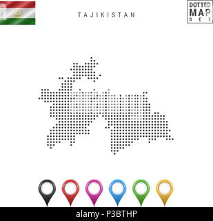 Vektor gepunktete Karte von Tadschikistan. Einfache Silhouette von Tadschikistan. Nationalflagge von Tadschikistan. Mehrfarbige Karte Markierungen Stock Vektor