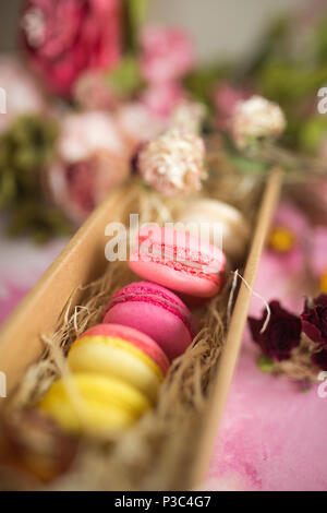 Reihe von Kuchen Makronen in Geschenkbox auf hellen Hintergrund. Close up Macaron Dessert auf der Ansicht von oben. Bunte almond Cookies in Pastell rosa, gelben Farben. V Stockfoto