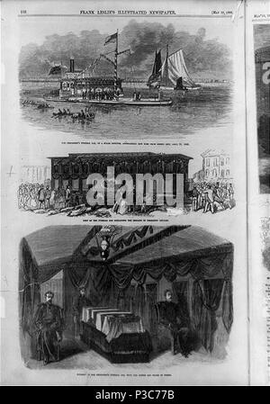 1) Der Präsident Beerdigung Auto, auf einem Wasserdampf leichter, nähert sich New York von Jersey City; 2) Blick auf die Beerdigung Auto mit den sterblichen Überresten von Präsident Lincoln; 3) Innenraum der Stockfoto