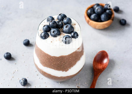 Chia pudding Parfait mit Joghurt, Blaubeeren und Schokolade in einem Glas auf konkreten Hintergrund. Selektive konzentrieren. Gesunde Ernährung, Diäten, Gesund leben Stockfoto