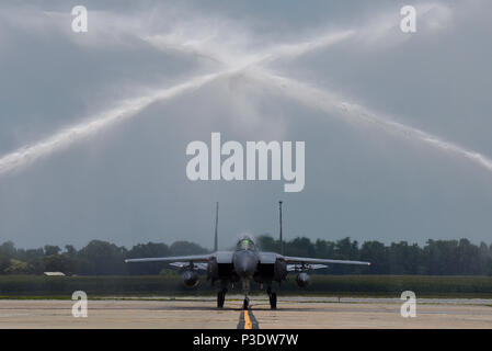 Oberst Christopher Salbei, 4 Fighter Wing Commander, Taxis durch eine "salute" nach der Rückkehr aus seinem letzten Flug wie Wing Commander, 14. Juni 2018, bei Seymour Johnson Air Force Base, North Carolina. Der Torbogen des Wassers während der Salute erstellt wird als ein Zeichen der Ehre und Respekt gemeint. (U.S. Air Force Foto: Staff Sgt. Brittain Crolley) Stockfoto