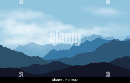 Vector Illustration der Berglandschaft Silhouetten mit Nebel und Wolken, unter blauem Himmel - mit Platz für Ihren Text Stock Vektor