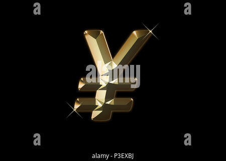 Japanischer Yen Symbol für Gold Farbe mit funkelt rund um es isoliert auf Schwarz. Stockfoto