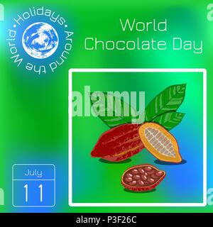 World Chocolate Tag. Konzept einer köstlichen Urlaub. 11. Juli. Kakaofrucht mit Blättern, Bohnen. Kalender. Urlaub rund um die Welt. Ereignis des Tages. Stock Vektor