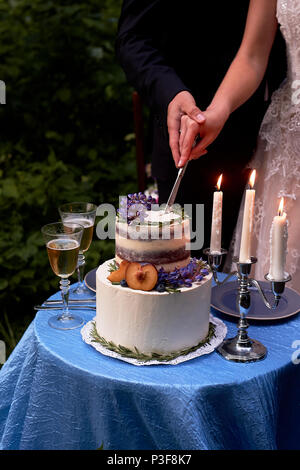 Romantische Hochzeit Abendessen, im Park am Wasser. Viel Grün. Tabelle für eine romantische Hochzeit Abendessen, Datum. Der Park am See. In blauer Farbe. Wit Stockfoto