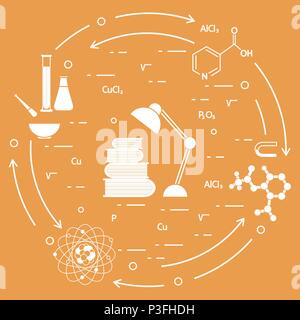 Wissenschaft, Bildung Elemente. Tischleuchte, Bücher, Flasche, Becher, Mörser, Mörser, Kristallgitter, Molekül, Magnet, Atomkern. Stock Vektor