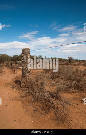 Hawker South Australia, hölzernen Pfosten und Zaun im Outback Landschaft Stockfoto