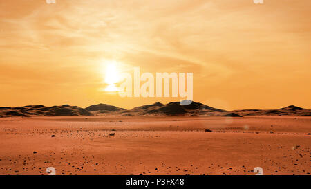 Landschaft auf dem Planeten Mars bei Sonnenaufgang, Wüste, Gebirge auf dem Roten Planeten (3d-Abbildung) Stockfoto