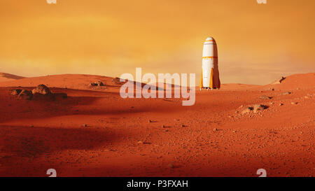 Landschaft auf dem Planeten Mars, Rakete, die Landung auf dem Roten Planeten (3d-Abbildung) Stockfoto