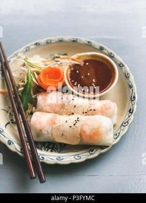 Abendessen im asiatischen Stil. Flachbild-lay aus gedämpftem dumplings Dim Sum und Sommer Reis Papierrollen mit Garnelen und Soße über blauen Tabelle, Ansicht von oben, kopieren. Chinesische Küche Stockfoto