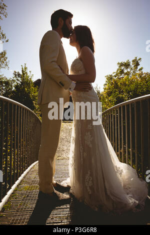 Braut und Bräutigam küssen Auf der Fußgängerbrücke im Garten Stockfoto