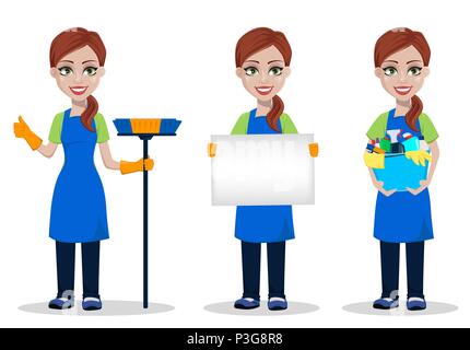 Reinigung Firma Personal in Uniform, von drei Posen. Frau Zeichentrickfigur Reiniger mit Pinsel, mit leeren Plakat und mit Eimer voller detergen Stock Vektor