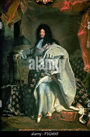 Louis XIV in Royal Kostüm - 1701 - 277 x 194 cm - Öl auf Leinwand - französischen Barock. Thema: Hyacinthe Rigaud (1659-1743). Lage: Louvre Museum - Gemälde, Frankreich. Auch als: Luis XIV REY DE FRANCIA bekannt. Stockfoto