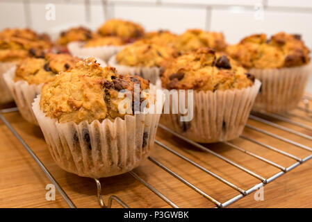 Home gebackene golden Choc Chip, Banane und Müsli, Muffins in einer Küche in Sydney, Australien vorbereitet und Kühlung auf einem Kuchen Rack Stockfoto