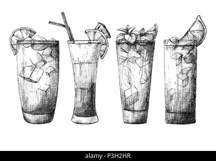 Einstellen der verschiedenen Gläser, verschiedene Cocktails. Vector Illustration einer Skizze Stil. Stock Vektor
