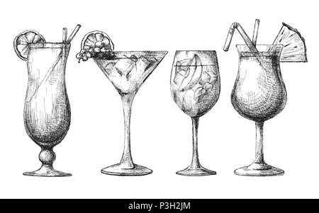 Einstellen der verschiedenen Gläser, verschiedene Cocktails. Vector Illustration einer Skizze Stil. Stock Vektor