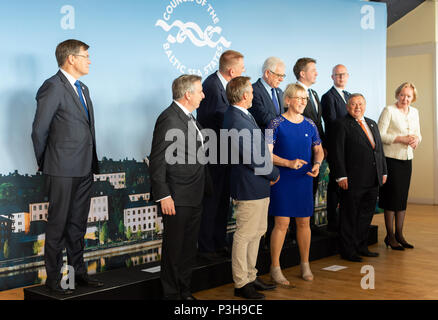 Stockholm, Schweden, 18. Juni 2018. Außenminister Margot Wallström eine Ministerkonferenz in Stockholm im Rahmen des Rates der Ostseestaaten, CBSS. Das Treffen in erster Linie die zukünftige Rolle der Zusammenarbeit im Ostseeraum, gemeinsame Sicherheit, Rettungsdienste, Bekämpfung des Menschenhandels und der Hilfe für bedürftige Kinder und Jugendliche. Stockfoto