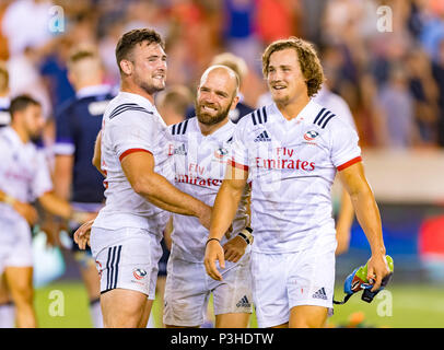 Mai 5, 2018: Die USA Männer Rugby Team Scrum Hälfte Shaun Davies (9), USA Männer Rugby Team hooker Dylan Fawsitt (16) sowie der USA Männer Rugby Team Dylan Audsley (23) feiern die USA gewinnen, nachdem die Emirate Sommer Serie 2018 Match zwischen den USA Männer Team vs Schottlands Männer Team bei BBVA Compass Stadium, Houston, Texas. USA besiegt Schottland 30-29 Vollzeit Stockfoto