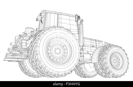 Wire-frame Traktor auf weißem Hintergrund. Tracing Abbildung: 3d Stock Vektor