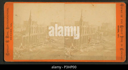 . Blick nach Osten vom Court House. Alternative Titel: Blick auf das große Feuer in Chicago, Oktober 1871. Abdeckung: 1871. Quelle Impressum: Chicago, Illinois: Copelin & Hine, 1871.. Digitale Element veröffentlicht. 6-16 2005; 2-12-2009 aktualisiert. 370 Blick nach Osten zum Court House, durch Copelin&amp; Hine Stockfoto