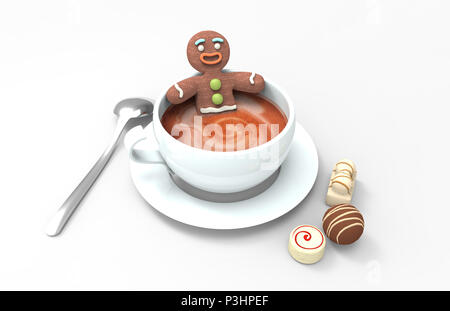 Lebkuchen cookie Mann in eine Tasse heißen Kaffee mit verschiedenen Schokoladen auf weißem Hintergrund Stockfoto