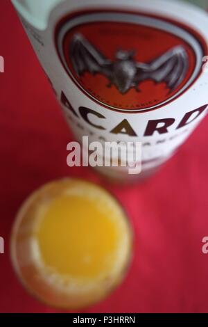 Flasche Bacardi white rum und ein Glas frisch gepressten Orangensaft Stockfoto