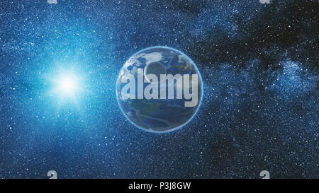 Sonnenaufgang Blick aus dem Weltall auf dem Planeten Erde und Mond drehen im Weltraum. Blue Sky Milchstraße mit tausend Sterne im Hintergrund. Astronomie und Wissenschaft Konzept. Elemente des Bildes von der NASA eingerichtet Stockfoto