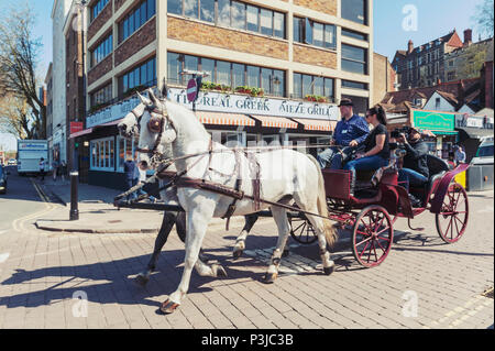 Touristen genießen eine Sightseeing Tour durch einen Vintage hackney Beförderung auf der weißen Pferde in der Stadt Windsor, Berkshire, England, UK gezeichnet Stockfoto