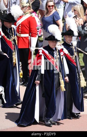 Der Graf von Wessex (rechts), der Herzog von York (Mitte), der Herzog von Cambridge (links) Während der jährlichen Reihenfolge der Strumpfband Service im St George's Chapel, Windsor Castle. Stockfoto