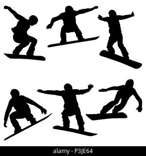 Set Athleten Snowboarder schwarze Silhouette Snowboard Wettbewerb Stockfoto