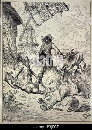 Don Quijote und die Windmühlen, von 'Don Quijote de La Mancha" von Joseph Heliodore Pisaner eingraviert Gravuren. Autor: Paul Gustave Doré (1832-1883). Lage: BIBLIOTECA DE CATALUNYA - COLECCION, BARCELONA, SPANIEN. Auch als: EL QUIJOTE DE LA MANCHA - PARTE 1 º GAP.8-¡VÃLAME DIOS bekannt! EL QUIJOTE ATACANDO EIN LOS MOLINOS. Stockfoto