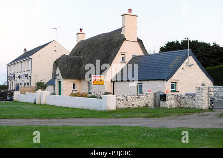 Für Verkauf Zeichen auf einem Reetdachhaus im Dorf von Marloes Pembrokeshire Wales, UK KATHY DE WITT Stockfoto