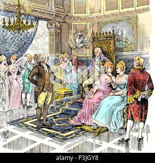 Benjamin Franklin Aushandlung eines französischen Bündnis mit Ludwig XVI., der Amerikanischen Revolution. Hand - farbige Holzschnitt Stockfoto