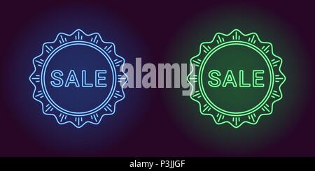 Neon-Symbol von blauen und grünen Verkauf Abzeichen. Vector Illustration von Neon Verkauf Angebot bestehend aus Neon Umrisse und Starburst Rahmen, mit Hintergrundbeleuchtung auf dem Stock Vektor