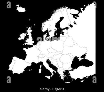 Karte von Europa Silhouette mit Ländergrenzen isolieren auf Schwarz Stock Vektor