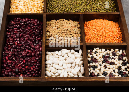 Sortiment von Bohnen (rote Linsen, grüne Linsen, Kichererbsen, Erbsen, rote Bohnen, weiße Bohnen, Bohnen, Mung Bohnen) Stockfoto