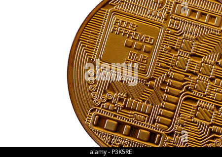 Bitcoin. Physikalische bit Münze. Digitale Währung. Cryptocurrency mining Konzept. Goldene Münze mit bitcoin Symbole auf weißem Hintergrund Stockfoto