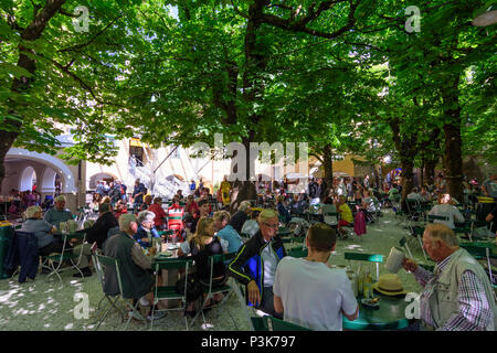 Salzburg: Brauerei Restaurant Biergarten Augustiner Bräustübl Mülln, blühende Kastanien in Österreich, Salzburg, Stockfoto