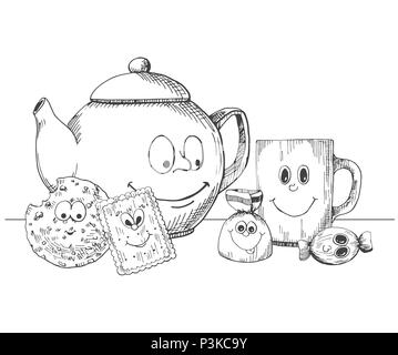 Hand Wasserkocher gezeichnet, Tasse, Kekse und Süßigkeiten in einem Cartoon Stil. Vector Illustration in Skizze Stil Stock Vektor