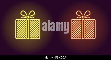 Neon-Symbol von Gelb und Orange Geschenkbox. Vector Illustration von Neon Geschenk bestehend aus Neon skizziert, mit Hintergrundbeleuchtung auf dem dunklen Hintergrund Stock Vektor