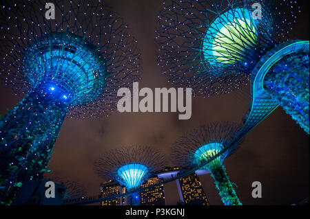 Singapur, Republik Singapur, Asien, lightshow Der Supertrees an Gärten an der Bucht Stockfoto