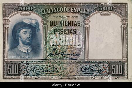 BILLETE DE 500 Peseten - JUAN SEBASTIAN ELCANO. Stockfoto